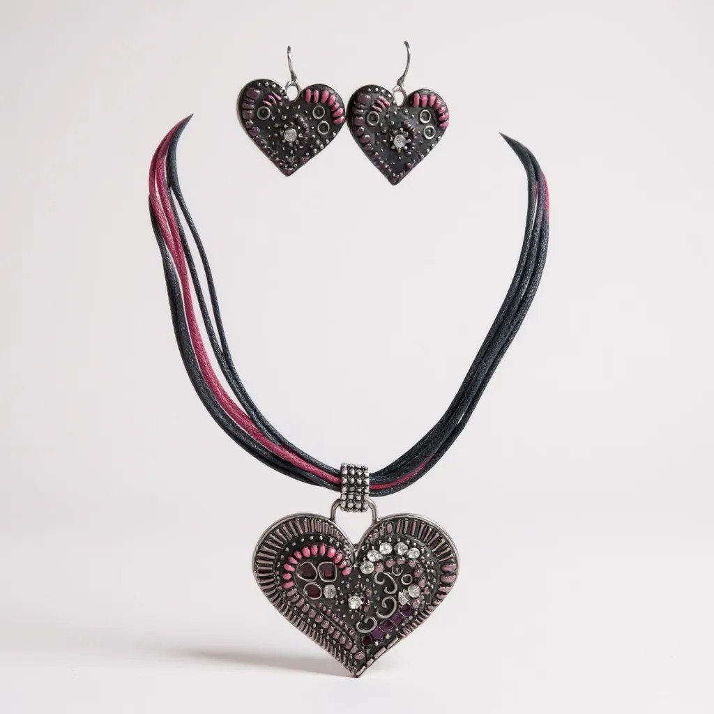 Purple Black On Silver Tone Heart Pendant Multi Cord Necklace Earring Set